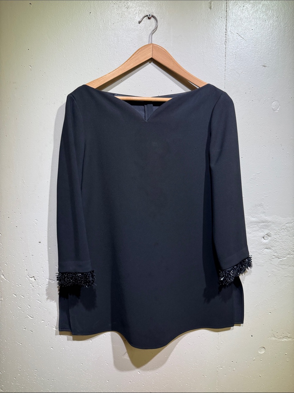 Lafayette 148 New York Black 3/4 Sleeve Top with Fringe Cuffs